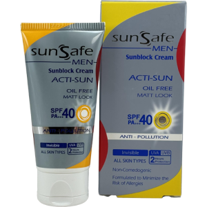 کرم ضدآفتاب سان‌سیف SPF40 بی‌رنگ مخصوص آقایان با بافت سبک و مات